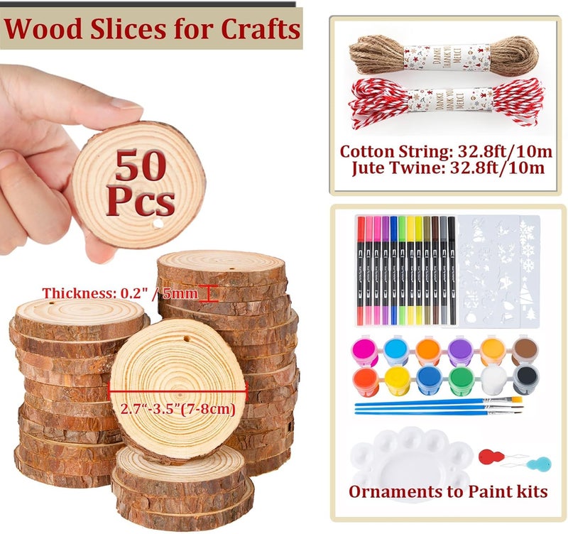 Timburst 2.75"-3.14" Unfinished Wooden Ornaments for Crafts, 50Pcs Wood Slices, Wood Painting Craft Kit Glow-in-the-Dark, DIY Ornaments to Paint for Kids Craft Winter New Year Party Hanging Decoration - Image 2